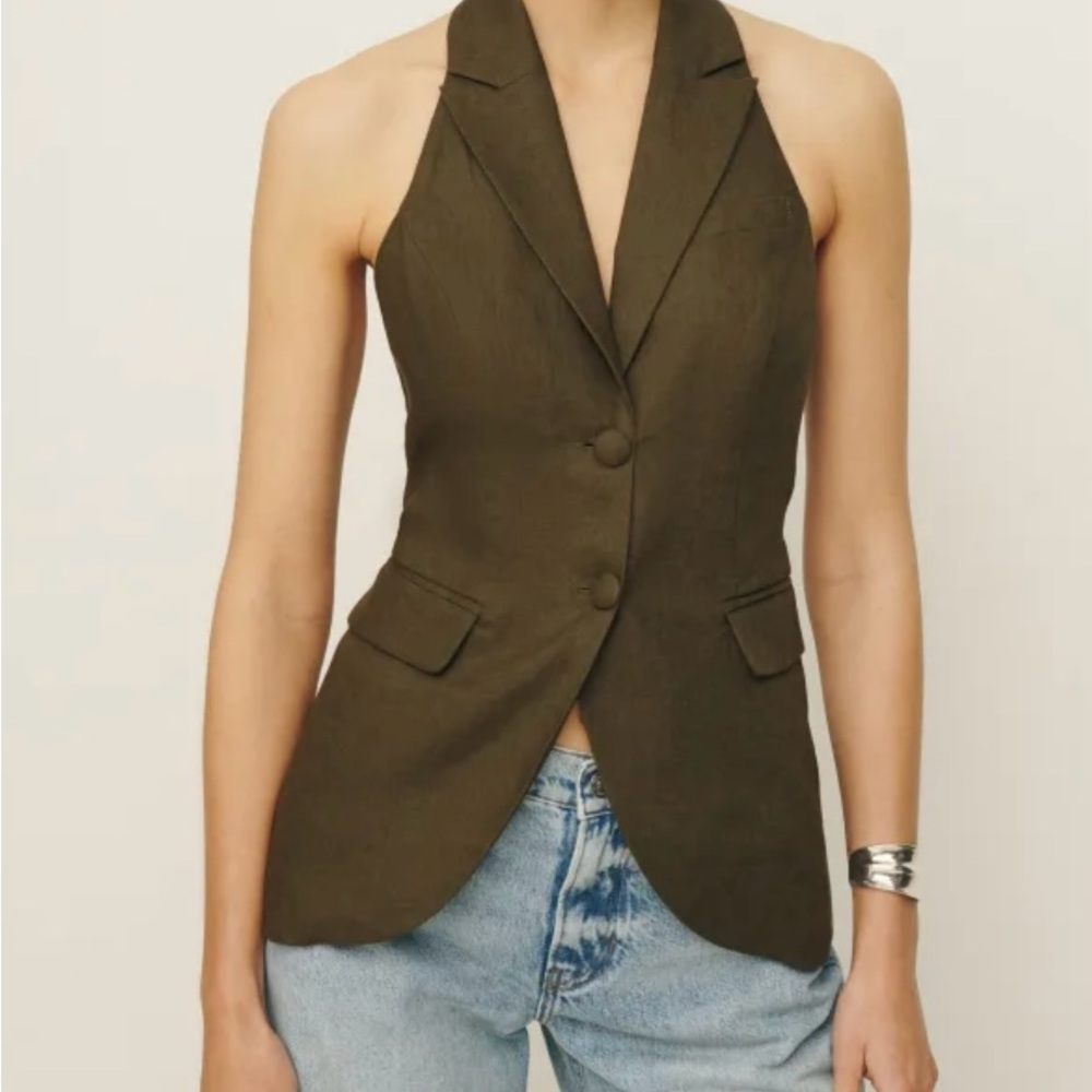 REFORMATION Brennan Linen Vest Top Women’s Size 8 Olive Green Sleeveless Halter